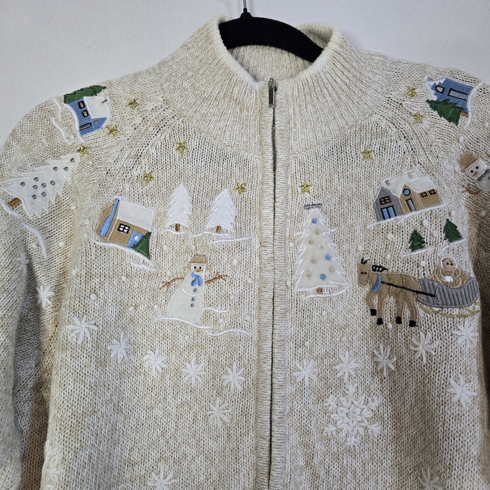 ERIKA Women's Size L Tan embroidered zipper front Winter Wonderland sweater - Picture 3 of 8